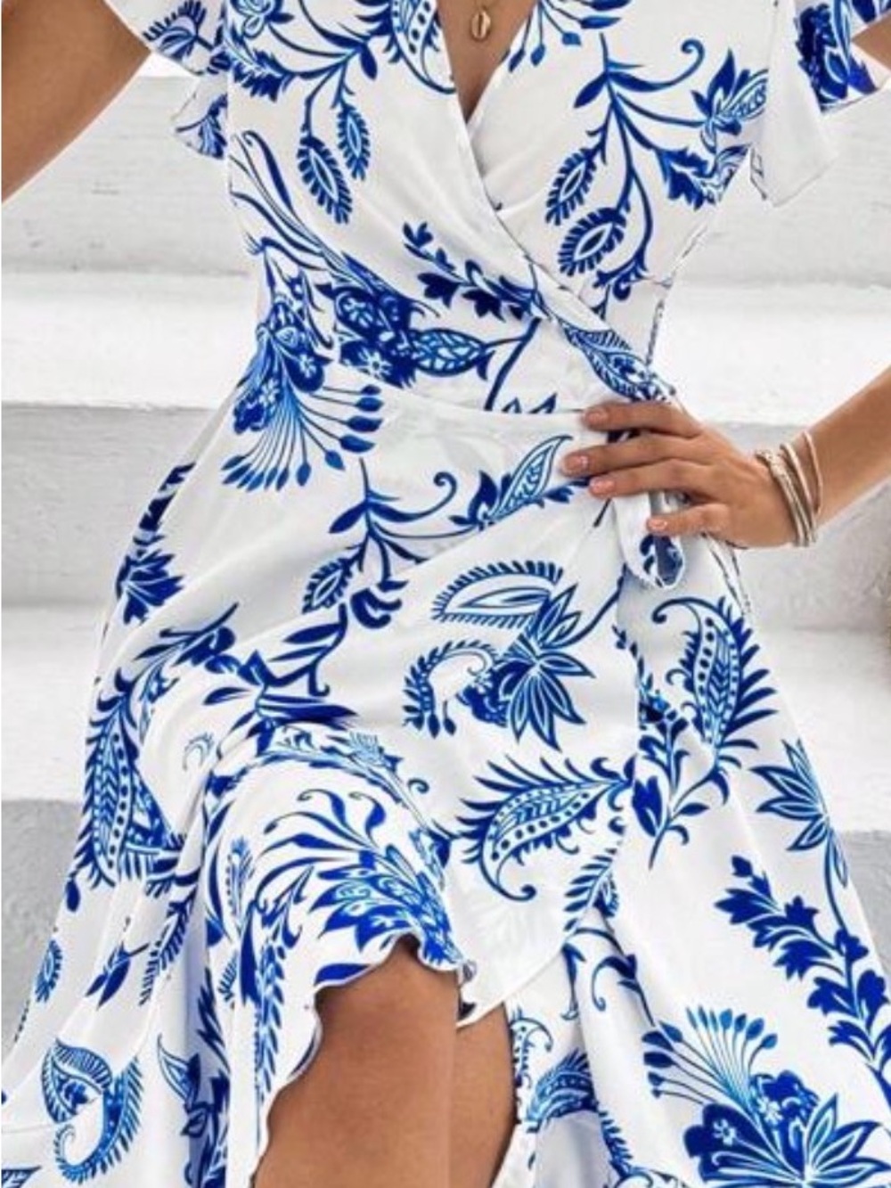 SHEIN White & Blue Floral Wrap Midi Dress